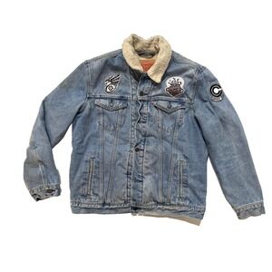 Levis Sherpa Lined Jacket Mens Large Blue Denim Dragon Ball Anime DBZ Patches